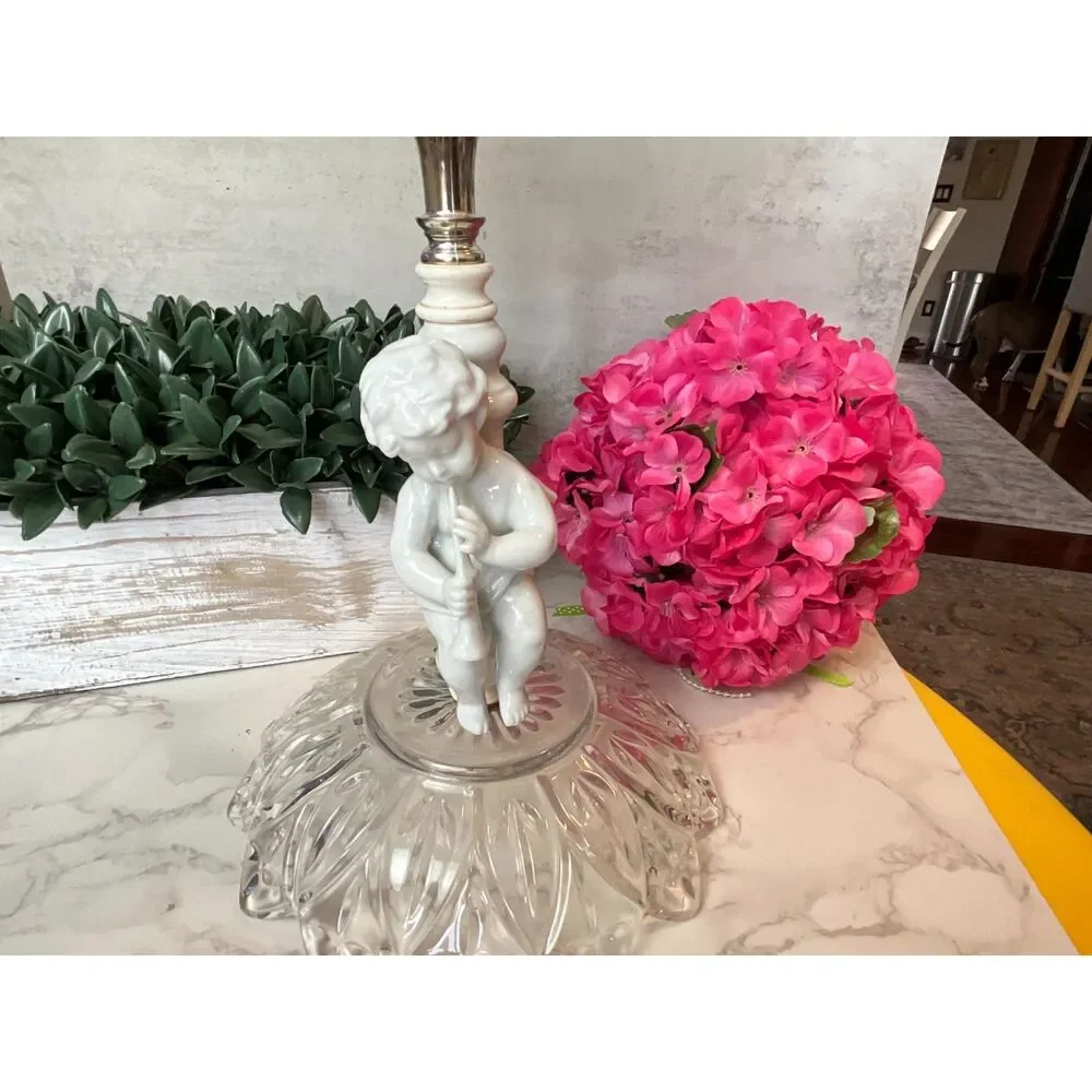 Crystal Compote Bowl Hollywood Regency Cherub Pedestal Centerpiece Vintage